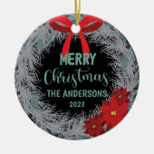 Poinsettia Weihnachtskranz Familienname und Jahr Keramik Ornament (Vorne)
