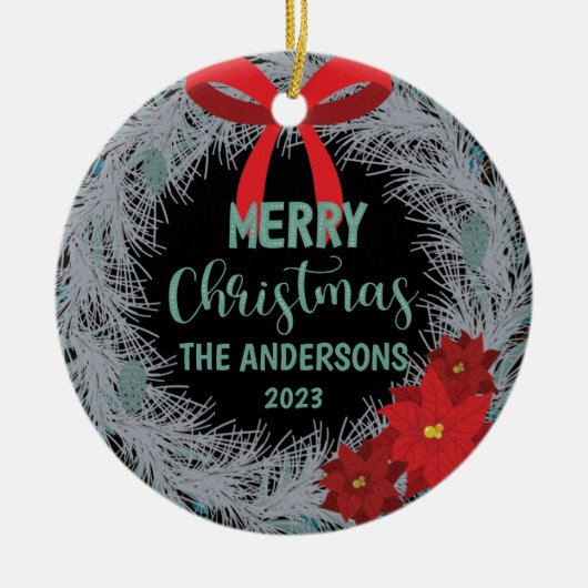 Poinsettia Weihnachtskranz Familienname und Jahr Keramik Ornament (Vorne)