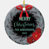 Poinsettia Weihnachtskranz Familienname und Jahr Keramik Ornament (Hinten)