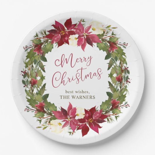 Poinsettia Weihnachtskranz Personalisiert Pappteller (Vorderseite)