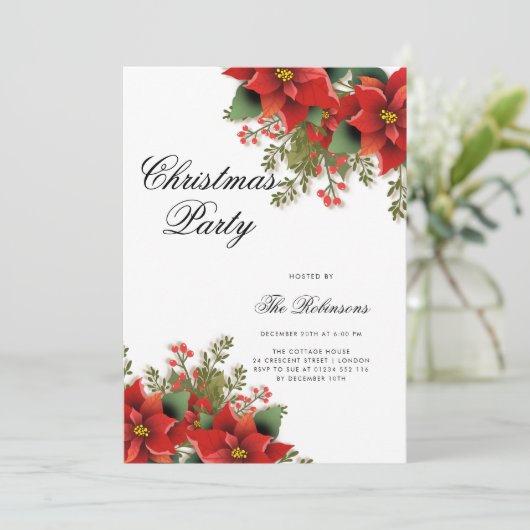 Poinsettia Weihnachtsprogramm und Menü Einladung (Stehend Vorderseite)