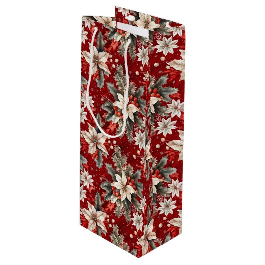 Poinsettia White Red Green Geschenktüte Für Weinflaschen (Vorderseite Schrägansicht)