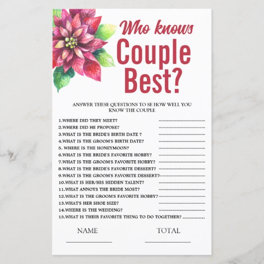 Poinsettia Who knows Couple  Bridal Shower Game (Vorderseite)