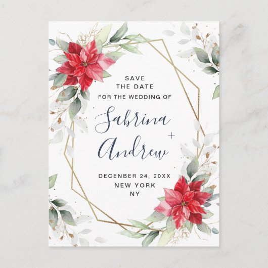 Poinsettia Winter Greenerity Wedding Save the Date Postkarte (Vorderseite)