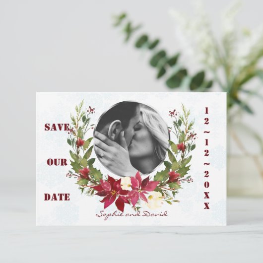 Poinsettia Winter-Kämpfe Hochzeit retten Datum Save The Date (Stehend Vorderseite)