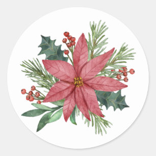 Poinsettia Winter Red Floral Frohe Weihnachten Runder Aufkleber