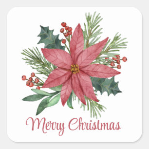Poinsettia Winter Rot Florale Frohe Weihnachten Quadratischer Aufkleber