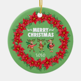 Poinsettia Wreath Dancing Reindeer Frohe Weihnacht Keramik Ornament