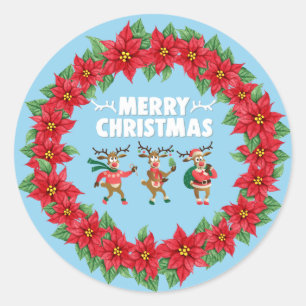 Poinsettia Wreath Dancing Reindeer Frohe Weihnacht Runder Aufkleber