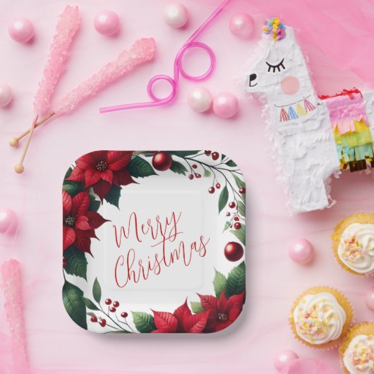 Poinsettia Wreath – Elegant Christmas Florals Pappteller (Party)