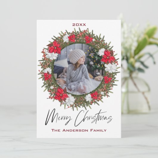 Poinsettia Wreath Floral Foto Frohe Weihnachten (Stehend Vorderseite)