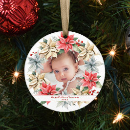 Poinsettia Wreath & Foto Baby's First Christmas Keramik Ornament