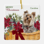 Poinsettia Yorkie Terrier Christmas Basket Keramikornament (Vorderseite)