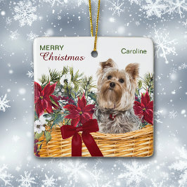 Poinsettia Yorkie Terrier Christmas Basket Keramikornament