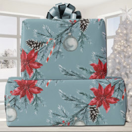 Poinsettias Christmas Blue Spruce Garland Blue Geschenkpapier