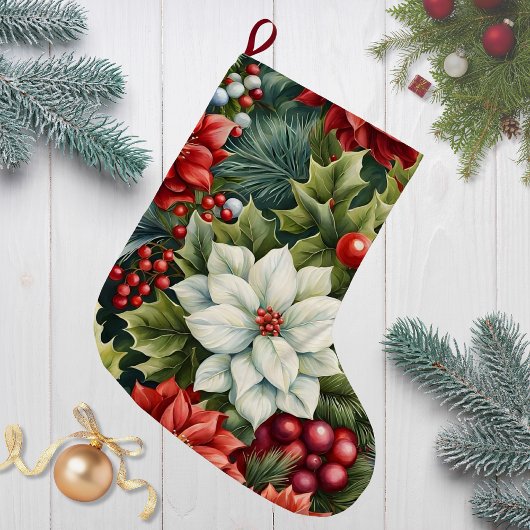Poinsettia's & Holly Berries Großer Weihnachtsstrumpf
