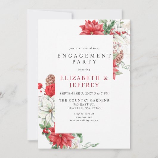 Poinsettias Holly Christmas Engagement Party Einladung (Vorderseite)
