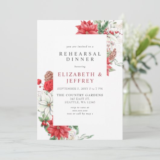 Poinsettias Holly Christmas Probe Dinner Einladung (Stehend Vorderseite)