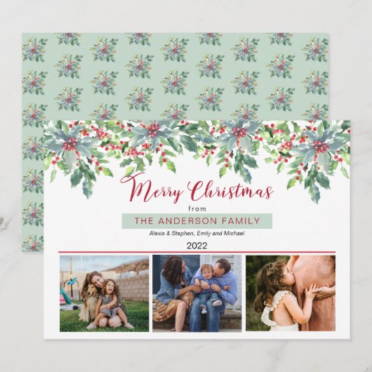 Poinsettias Holly Greenery Frohe Weihnachten 3 Fot (Vorne/Hinten)