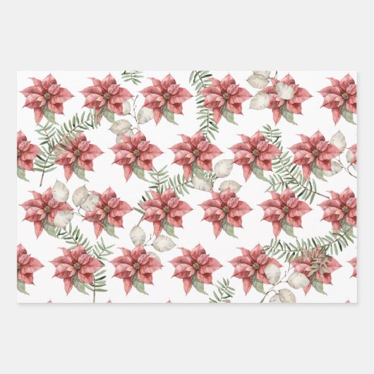 Poinsettias, Kardinäle und Kiefernfächer Geschenkpapier Set (Vorderseite)