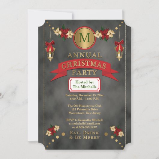 Poinsettias | Lanterns Monogram Christmas Party Einladung (Vorderseite)