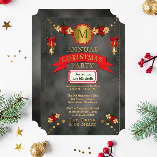 Poinsettias | Lanterns Monogram Christmas Party Einladung