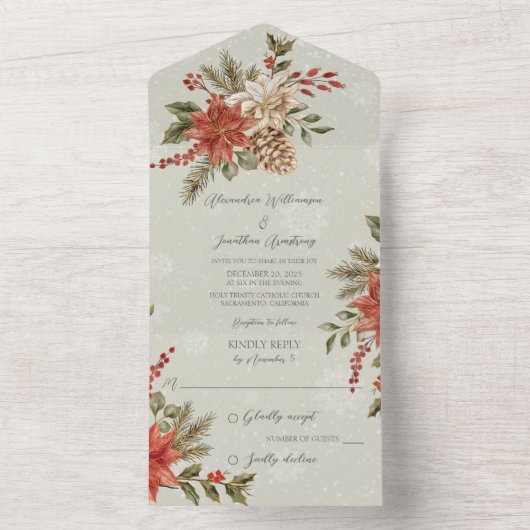 Poinsettias mit Holly auf Snowy Sage Green All In One Einladung (Innen Boden)