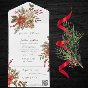 Poinsettias mit Holly auf weißem QR-Code All In One Einladung