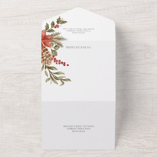 Poinsettias mit Holly auf weißem QR-Code All In One Einladung (Außenbereich)