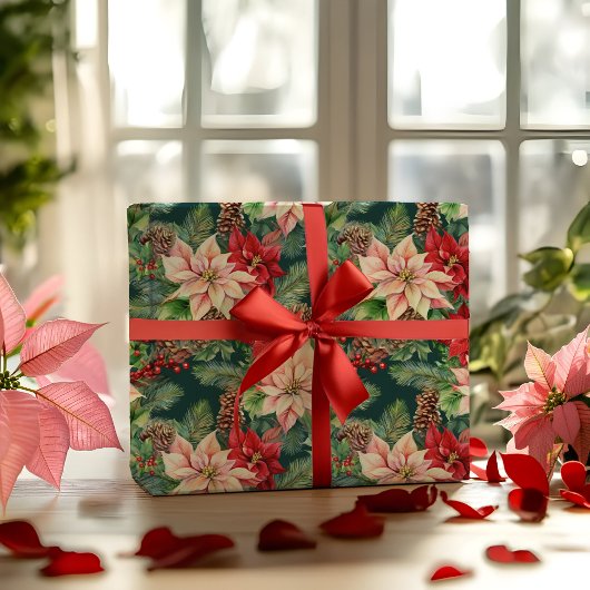 Poinsettias Pinien und Pinecones Weihnachtsfeierta Geschenkpapier