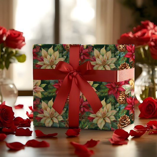 Poinsettias Pinien und Pinecones Weihnachtsfeierta Geschenkpapier