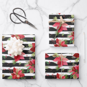 Poinsettias, Schwarzer Streifen Geschenkpapier Set