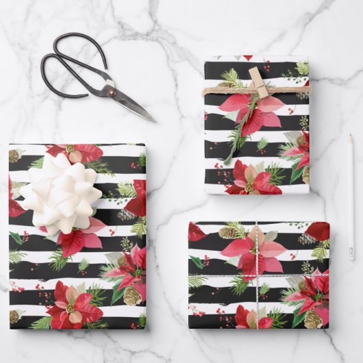 Poinsettias, Schwarzer Streifen Geschenkpapier Set (Vorderseite)