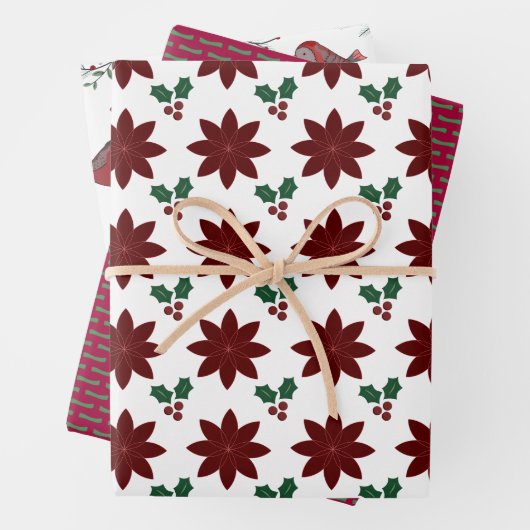 Poinsettias, Stipples, Birdies -  Geschenkpapier Set (Beispiel)