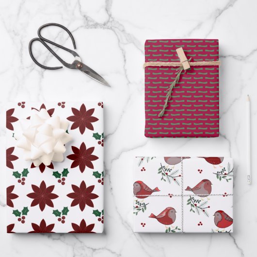 Poinsettias, Stipples, Birdies - Geschenkpapier Set (Vorderseite)