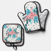 Poinsettias Türkis Pink Ofenhandschuh & Topflappen-Set (Vorderseite/Rückseite)