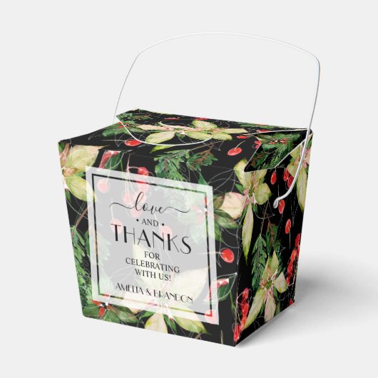 Poinsettias und Berries über Schwarze Weihnachten Geschenkschachtel (Vorderseite)