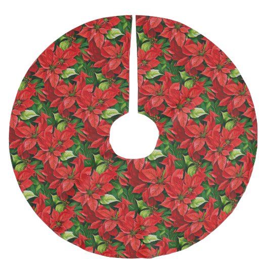 Poinsettias und Holly-Blätter Polyester Weihnachtsbaumdecke (Vorderseite)