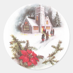 Poinsettias und Land-Kirchen-Vintages Weihnachten Runder Aufkleber