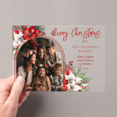 Poinsettias und Pine Arched Foto Frohe Weihnachten Acryleinladungen (Insitu (Handheld))