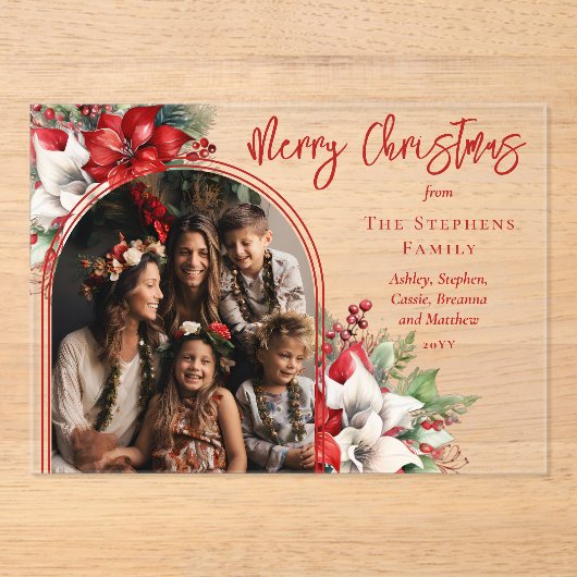 Poinsettias und Pine Arched Foto Frohe Weihnachten Acryleinladungen (Vorderseite)