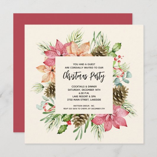 Poinsettias und Pine Christmas Party Einladungen (Vorne/Hinten)