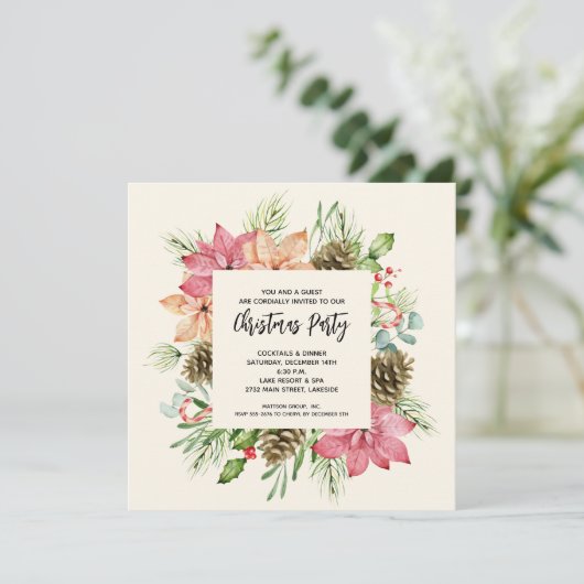 Poinsettias und Pine Christmas Party Einladungen (Stehend Vorderseite)