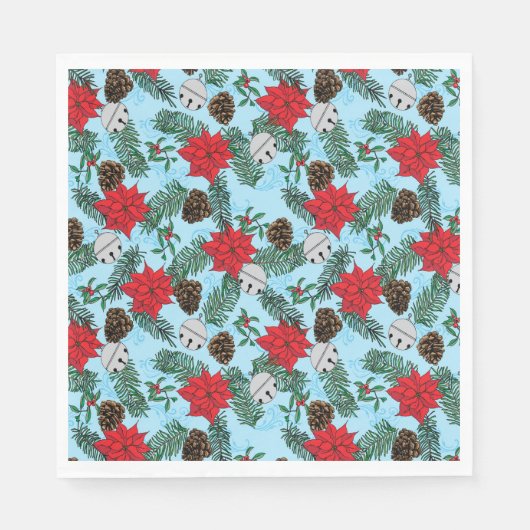 Poinsettias und Silberglocken in Blue Paper Napkin Serviette (Vorderseite)