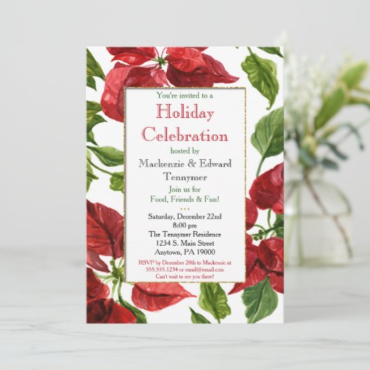 Poinsettias Weihnachtsfeier Einladung (Stehend Vorderseite)