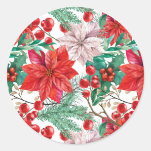 Poinsettie, Kiefernzweige und rote Beeren Runder Aufkleber