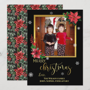 Poinsettien auf Schwarz mit Goldfolie und Schneefl Feiertagskarte
