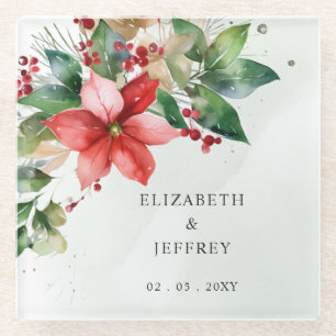 Poinsettien-Blumen-Winter-Weihnachts-Kranz-Hochzei Glasuntersetzer