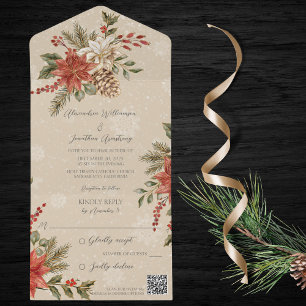 Poinsettien mit Stechpalme auf Schneebeignem QR-Co All In One Einladung