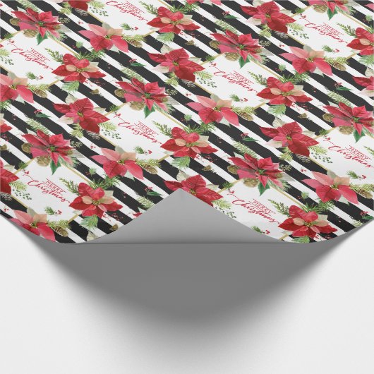 Poinsettien, schwarz gestreiftes Schleifpapier Geschenkpapier (Ecke)